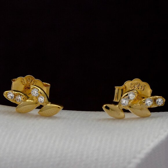Leaves Design Gold Stud Earrings, Real Gold Plated Over 925 Sterling Silver - Picture 2 of 5